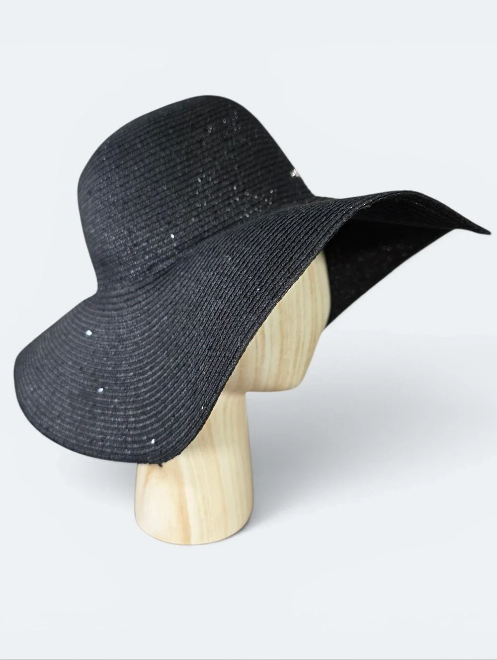 Calvin Klein Black Sparkle Straw Floppy Sun Hat Wide Brim Beach